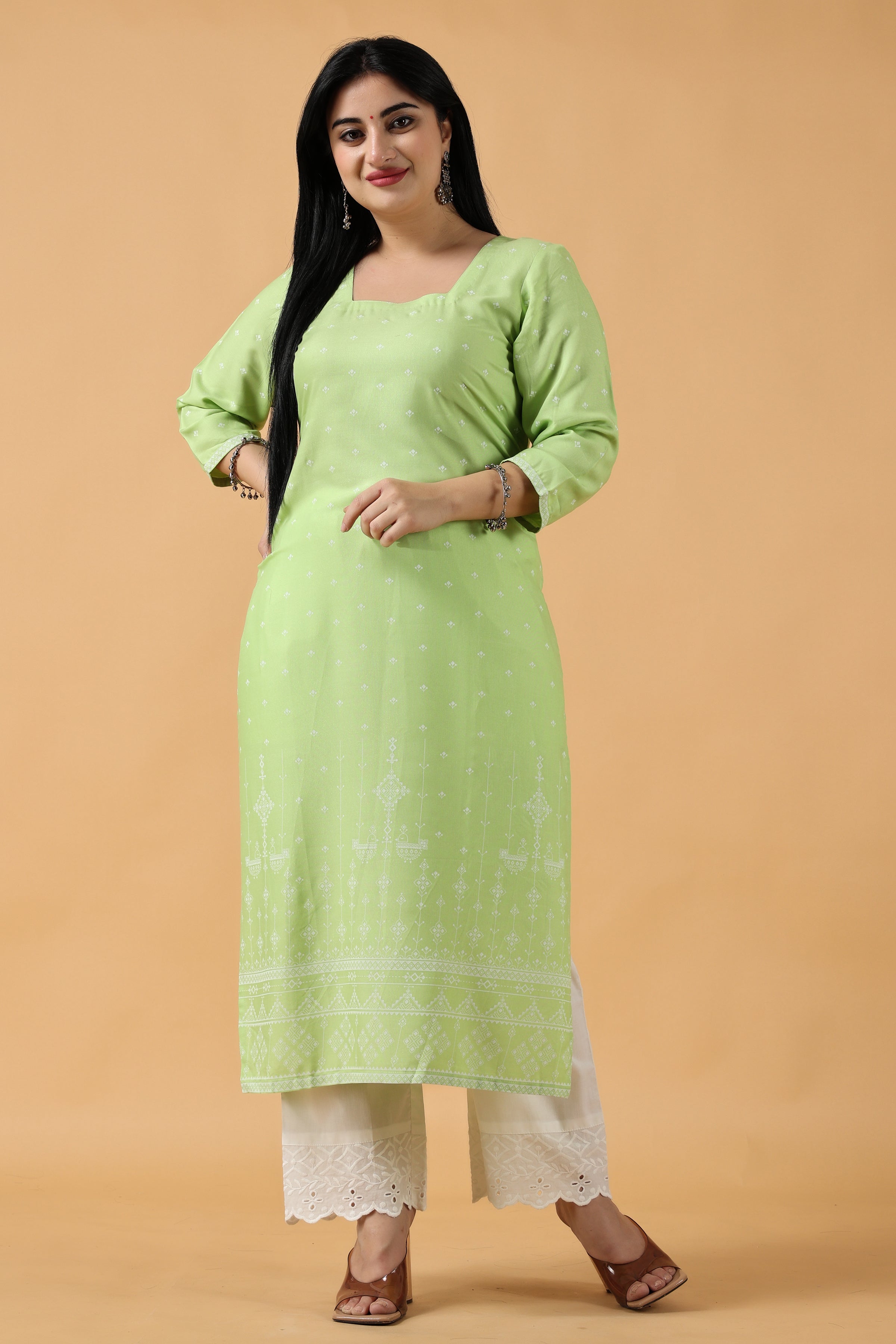 Exquisite Peach Floral Nayra Cut Kurti with Fancy Puff Sleev